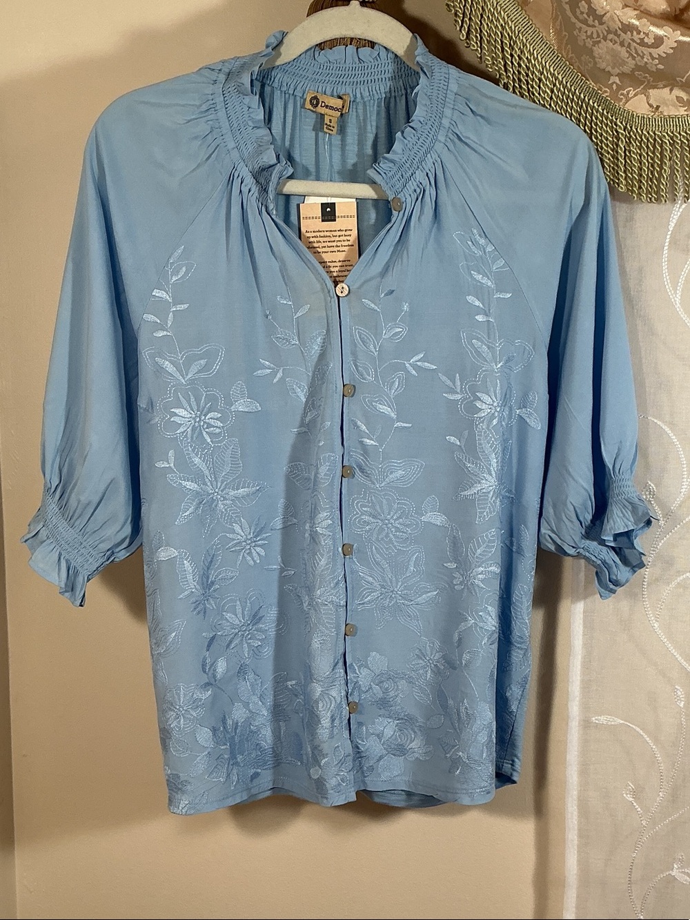 NWT Democracy Light Blue Embroidered Women’s Button-Down Top Blouse Sz S Rayon